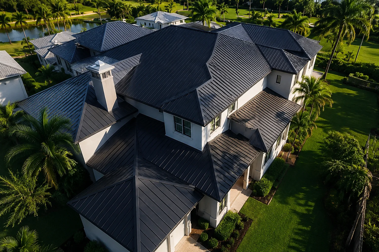 Aerial view of a dark standing seam metal roof on a Florida home surrounded by palms